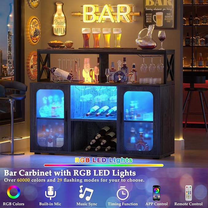 Aheaplus Bar Cabinet with Power Outlets, Liquor Cabinet with Led Lights and - Image 5