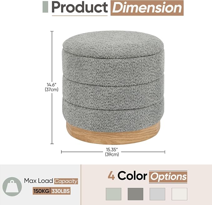 Round Storage Ottoman with Reversible Tray Lid, Folding Chenille Fabric - Image 3