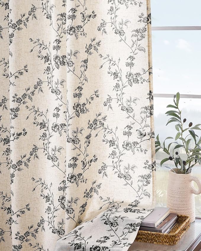 Lazzzy Black Floral Linen Curtains 96 Inch Farmhouse Back Tab Drapes - Image 8