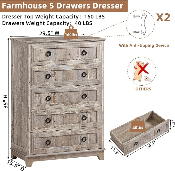 Joaxswe Farmhouse 5 Drawer Dresser - Image 2