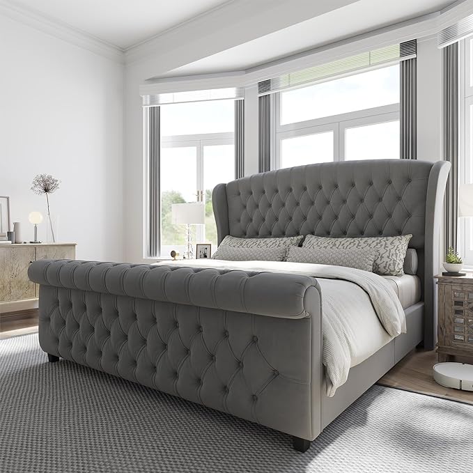 AMERLIFE King Size Platform Bed Frame, Velvet Upholstered Sleigh Bed by AMERLIFE