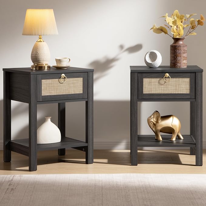 SICOTAS Rattan Nightstand Set of 2, Rattan Decor Drawer by SICOTAS