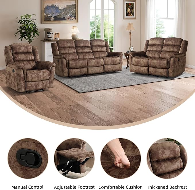 EBELLO 3 Pieces Reclining Living Room Set, Overstuffed Soft Fabric Manual - Image 3