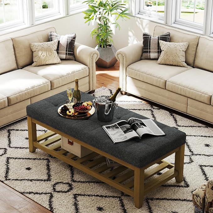 Befurtori Large Rectangular Upholstered Ottoman Bench, Linen Tufted Footrest - Image 4