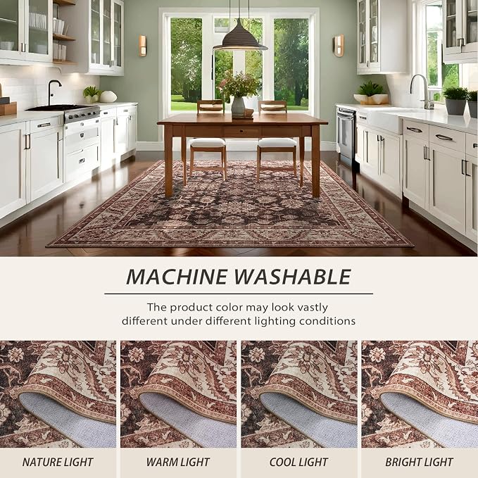 Area Rug for Living Room, 8x10 Area Rugs Washable, Retro Floral Non-Slip Carpet - Image 4