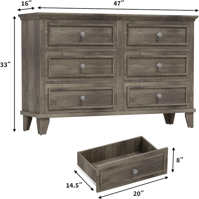 IDEALHOUSE 6 Drawer Dresser, Wooden Storage Chest of Drawers - Image 2