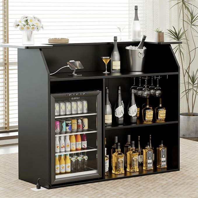 L-Shaped Home Bar Unit with Power Outlet, 4-Tier Corner Liquor Bar Cabinet with by SAHISTCT