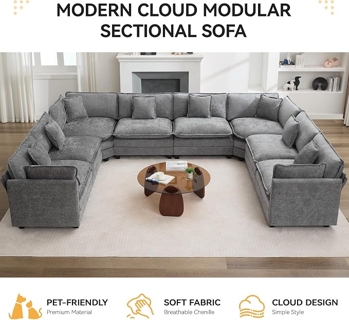 147'' Oversized U Shaped Cloud Sectional Sofa, Chenille Deep Seat Couches - Image 7