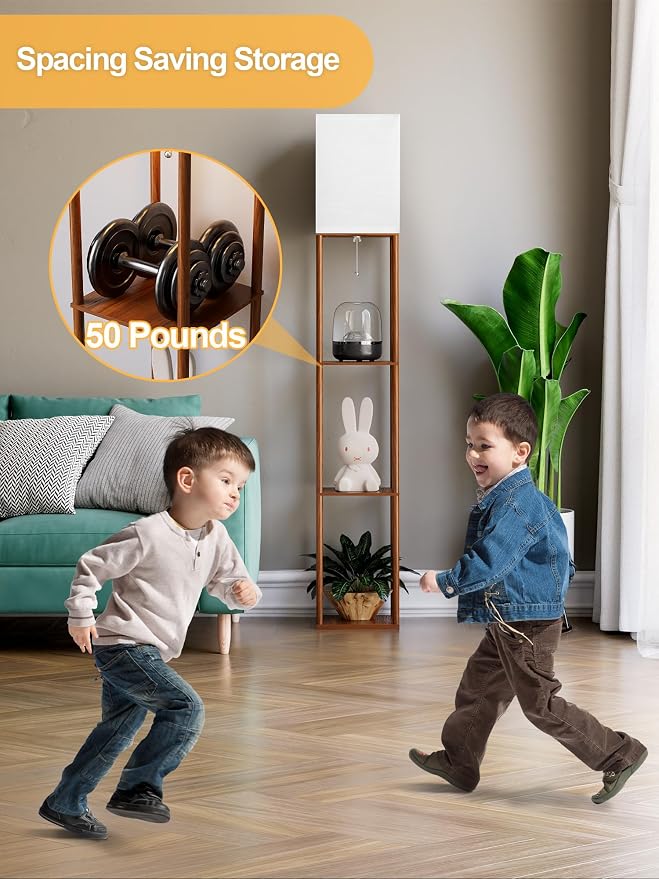 Floor Lamp with Shelves for Living Room Walnut Brown, Shelf Floor Lamp with 3 - Image 5
