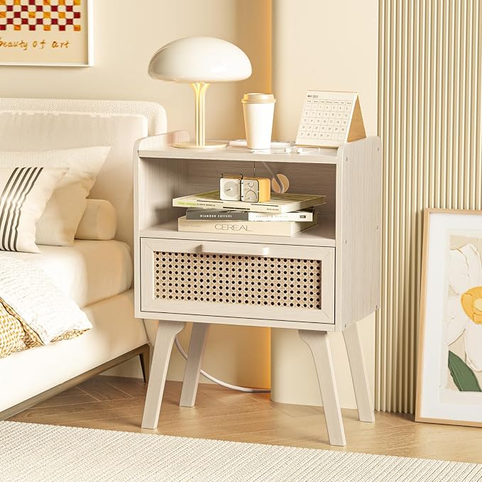 Lerliuo Rattan Nightstand with Charging Station, Side Table with Drawer Open - Image 6