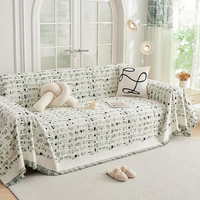DREAMINGO Abstract Chenille Couch Cover Blanket Beige Green Black Boho Sofa by DREAMINGO