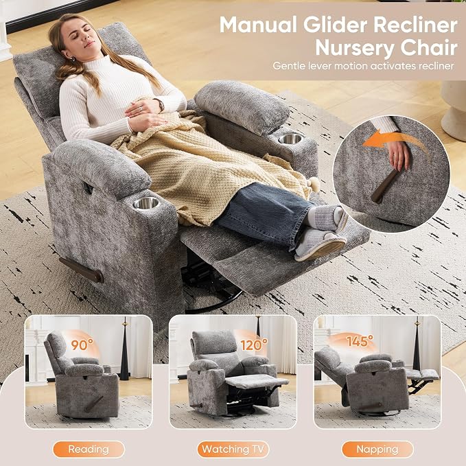 Swivel Rocker Recliner with Adjustable Armrests, Rocking Nursery Chair with - Image 8