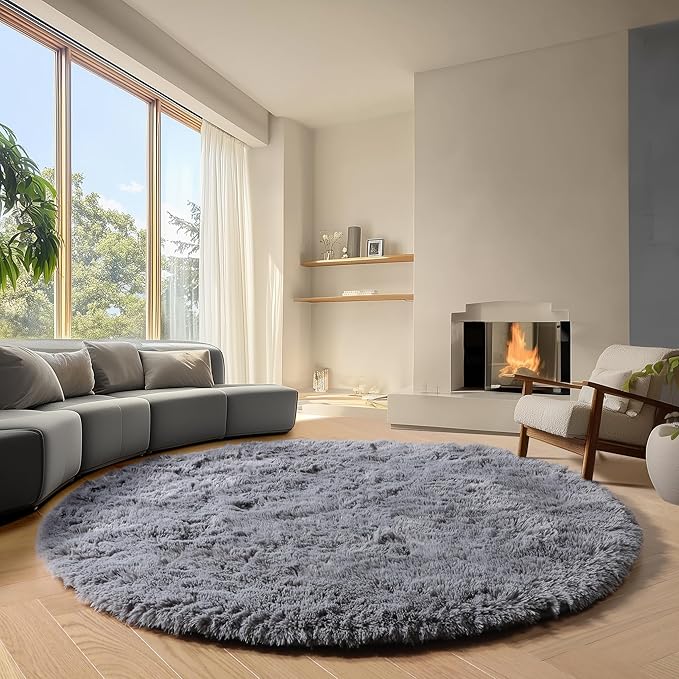 ONASAR Grey Round Rugs 8ft for Living Room, Fluffy Bedroom Circle Area Rug by ONASAR