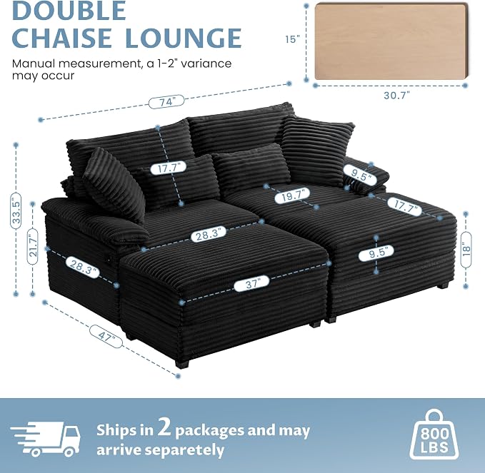 SUNWAVE 74" W Double Chaise Lounge Chair Indoor, Oversized Loveseat - Image 2