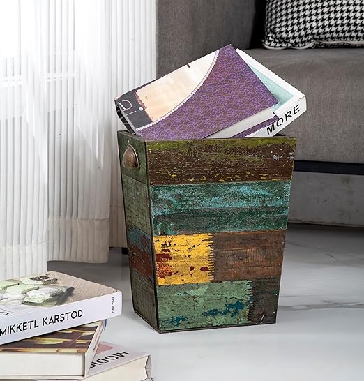 TIMRIS Small Wood Trash Can Wastebasket, Farmhouse Rectangular Garbage Can - Image 2