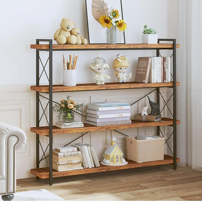 HCHQHS Large Bookshelf, 4-Tier Long Industrial Bookcase, Rustic Brown Book Shelf - Image 2