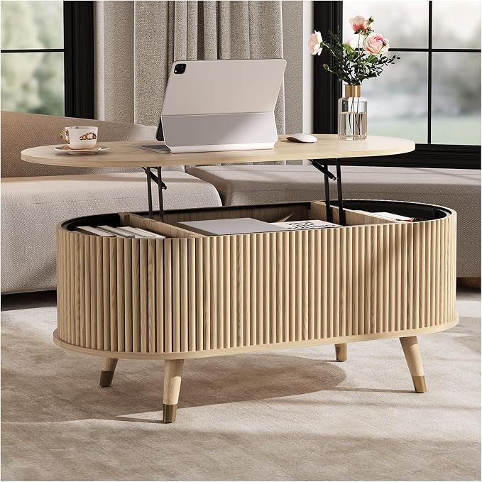 SULIVES Oval Coffee Table with Storage, Small Fluted Center Table by SULIVES