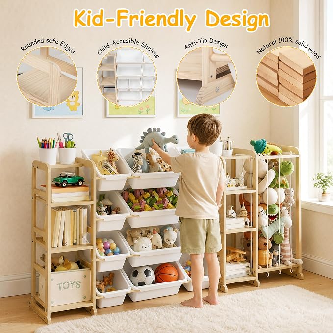 Toy Storage Shelf 3-in-1 Bookshelf & Stuffed Animal Storage & 12 Plastic Bins - Image 7