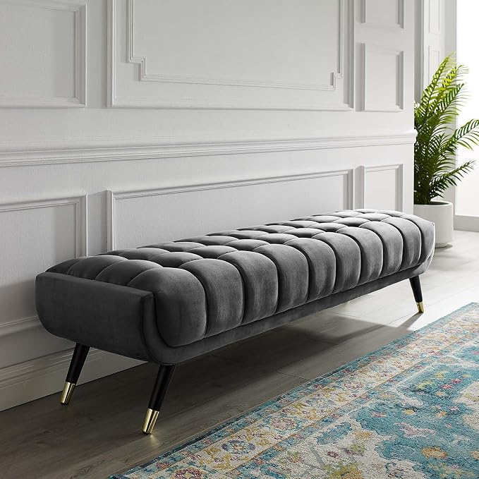 Modway Adept Mid-Century Modern Velvet Upholstered Tufted Accent Bench in Gray - Image 2