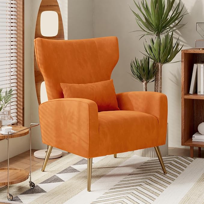 Nebuaegis Orange Velvet Accent Chair Set of 4, Wingback Chair - Image 7