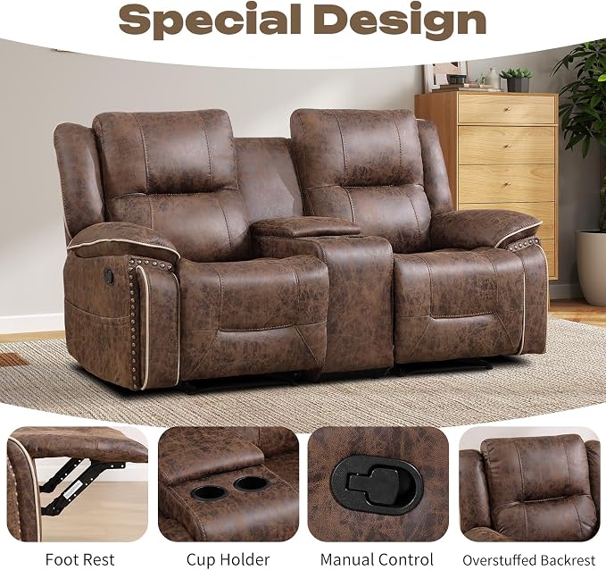EBELLO Faux Leather Manual Recliner Loveseat, 2 Seater Reclining Sofa Chair - Image 3