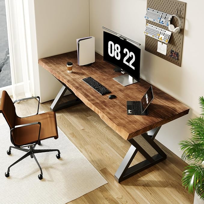 55inch Solid Wood Desk Wide Home Office Desk, Metal Modern Industrial Writing by QZYJKJ