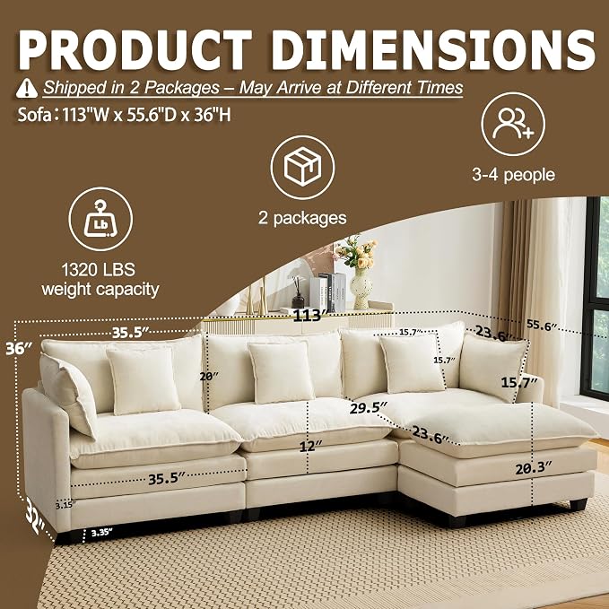 113” Modular Sectional Sofa, L Shaped Cloud Couch - Image 2