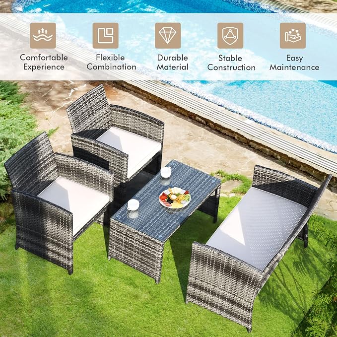 Goplus 4-Piece Rattan Patio Furniture Set, Outdoor Wicker Conversation Sofa - Image 2