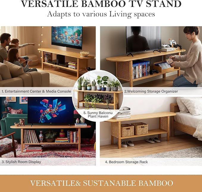 Tiita TV Stand with Storage for TVs up to 65'', Bamboo TV Console Entertainment - Image 9