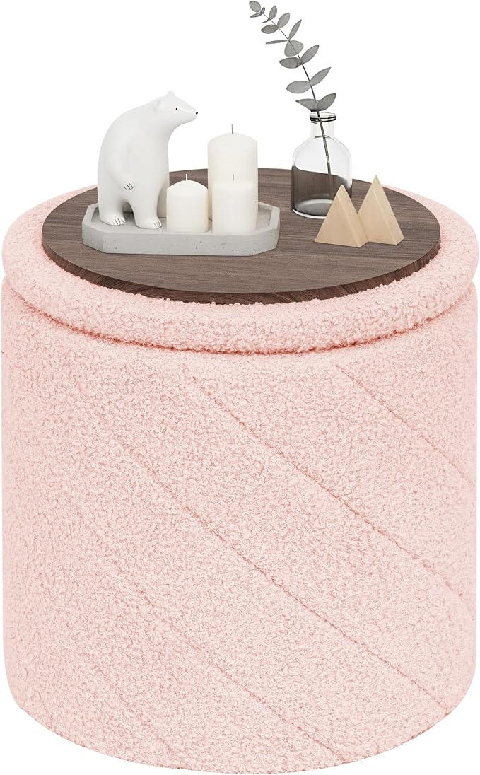 PINPLUS Ottoman with Stroage Round Boucle Ottoman and Tray Sherpa Removable by PINPLUS
