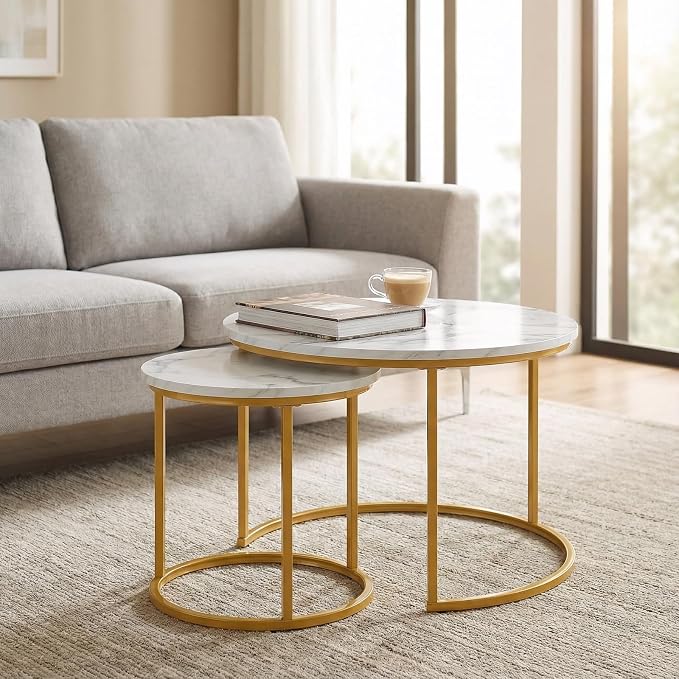 Round Nesting Coffee Table Set of 2, Modern Marble Pattern Wooden Nesting Tables by Cuizehua