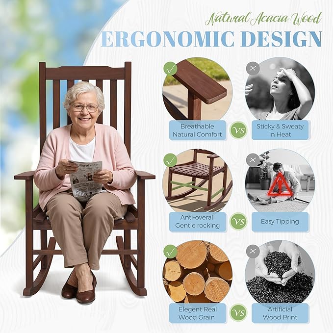 Flamaker Acacia Wood Patio Rocking Chair Set of 2, High Back and Widen Armrest - Image 5