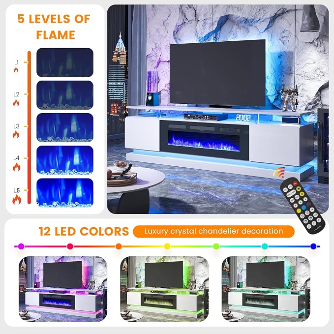 4-Piece Modern Living Room Table Set, Includes High Gloss 70" Fireplace TV Stand - Image 9