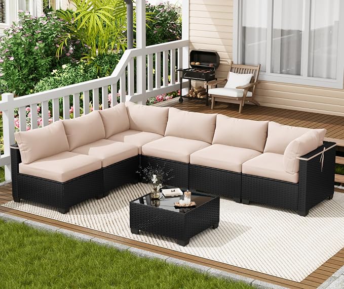 LOUVIXA 7 Piece Outdoor Patio Furniture Set, Outdoor Sectional Sofa, Wicker - Image 7