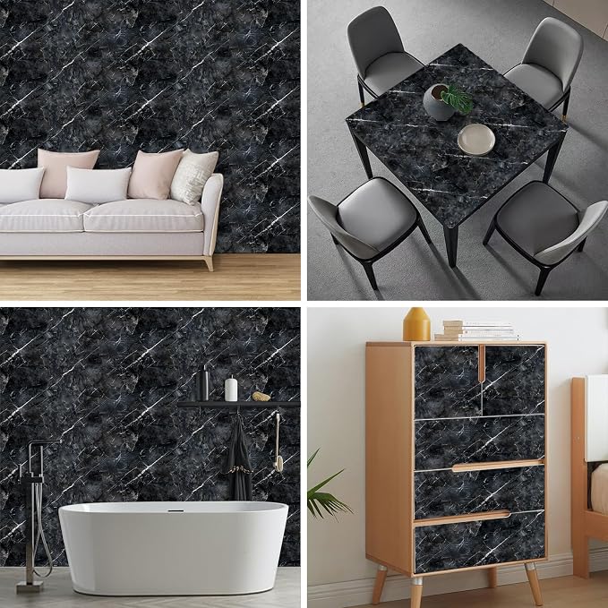HOMETITUTE Black Marble Wallpaper Peel and Stick Dark Stone Pattern 118.1x17.7 - Image 8