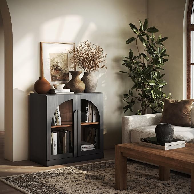 BELLEZE 2 Tier Bookshelf with Arched Glass Door, Modern Display Bookcase Shelf by BELLEZE