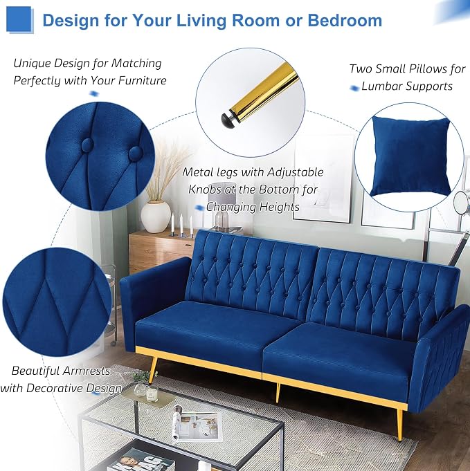 70” Velvet Futon Sofa Bed w/Adjustable Armrests and Backrest, Convertible Futon - Image 4