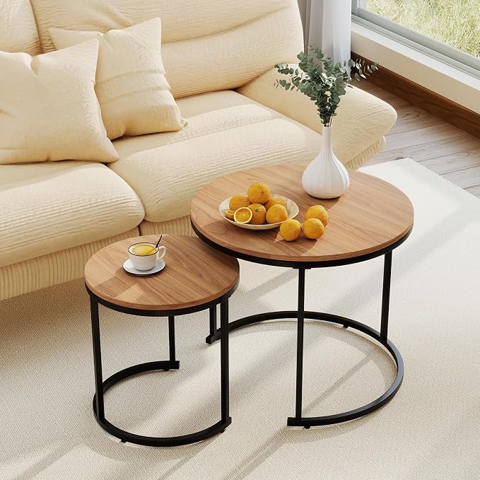 Giantex Nesting Coffee Table Set of 2, Round Stacking Side Tables w/Wooden by Giantex