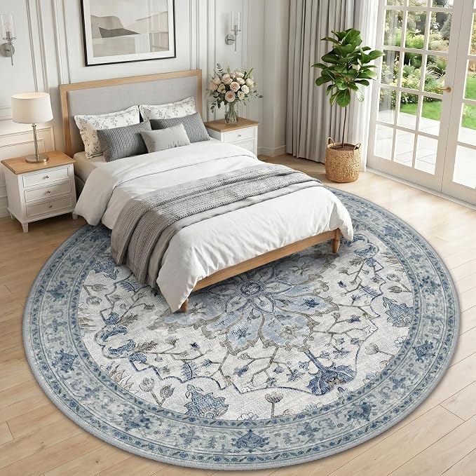 RELEANY Area Rugs Round 10ft Washable Non-Slip, Floral Vintage Distress Print - Image 2