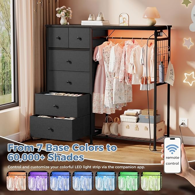 DUMOS Dresser for Bedroom with Hanging Rack, 6 Drawer Fabric Dresser with - Image 6