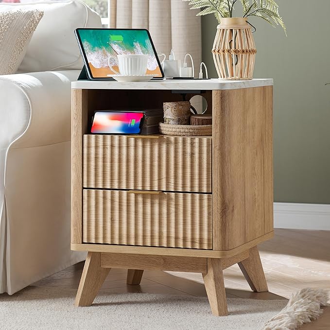 T4TREAM Fluted Nightstand with Charging Station, 2 Drawers End Table w/Storage by T4TREAMFurniture