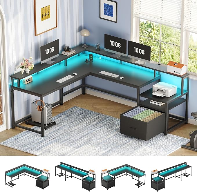 SEDETA 66" L Shaped Desk with Power Outlet, Reversible Home Office Computer by SEDETA
