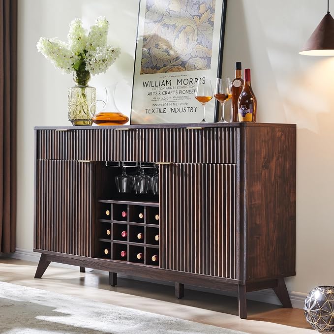 OKD Fluted Wine Bar Cabinet, 3 Drawers, 4 Glass Holders & 12 Wine Racks by OKD