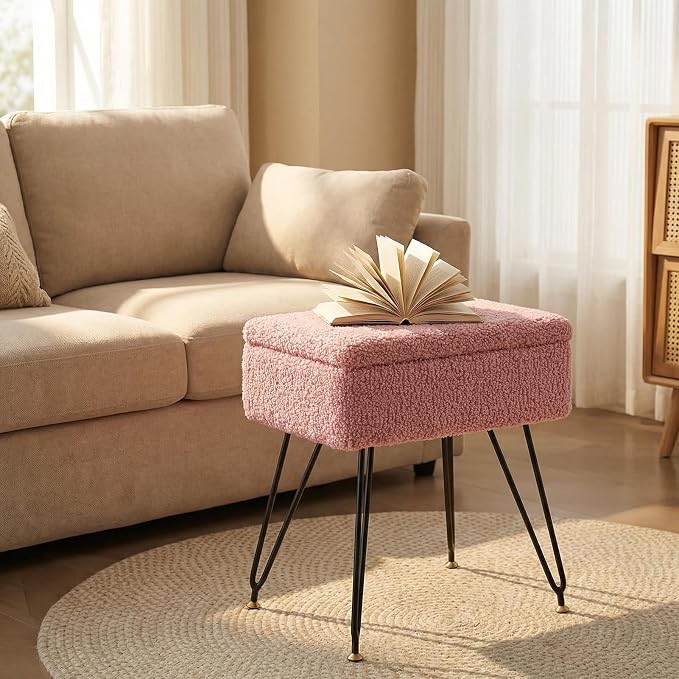 Vanity Stool Chair, Faux Teddy Fur Ottoman Foot Stool - Image 7