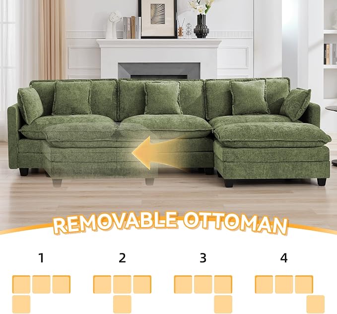 111'' Cloud Deep Seat Sectional Couch, Modern Comfy Chenille L Shaped Sectional - Image 6