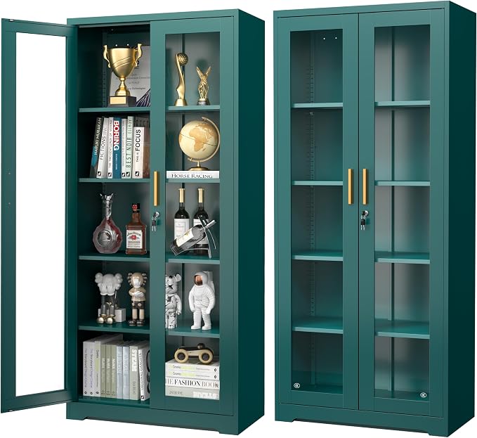 Polup Curio Cabinets with Glass Doors, Tall Bookcase with Adjustable Shelves by POLUP