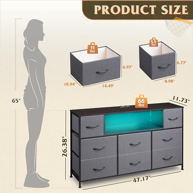 WLIVE Grey Dresser TV Stand for 45, 55 inch TV, Entertainment Center - Image 3