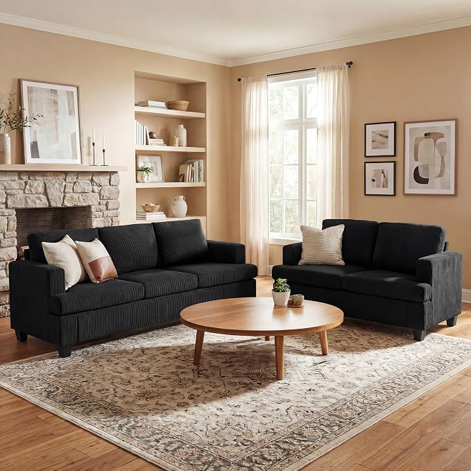 2 Pieces Corduroy Couch Set for Living Room, Deep Seat Floor Couch for Bedroom by YOUDENOVA