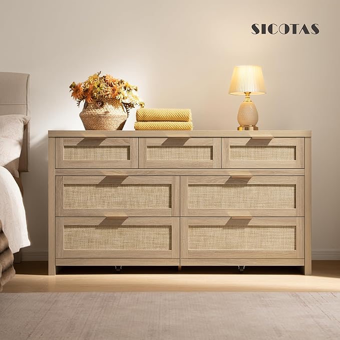 SICOTAS 7 Drawer Dressers for Bedroom Set 2, Long Rattan Dresser, Dresser TV - Image 4