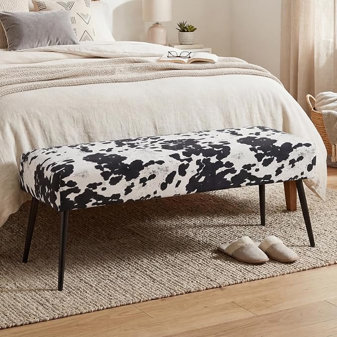 DUHOME Velvet Bench Ottoman, Upholstered Bedroom Benches Cow Print End of Bed - Image 2